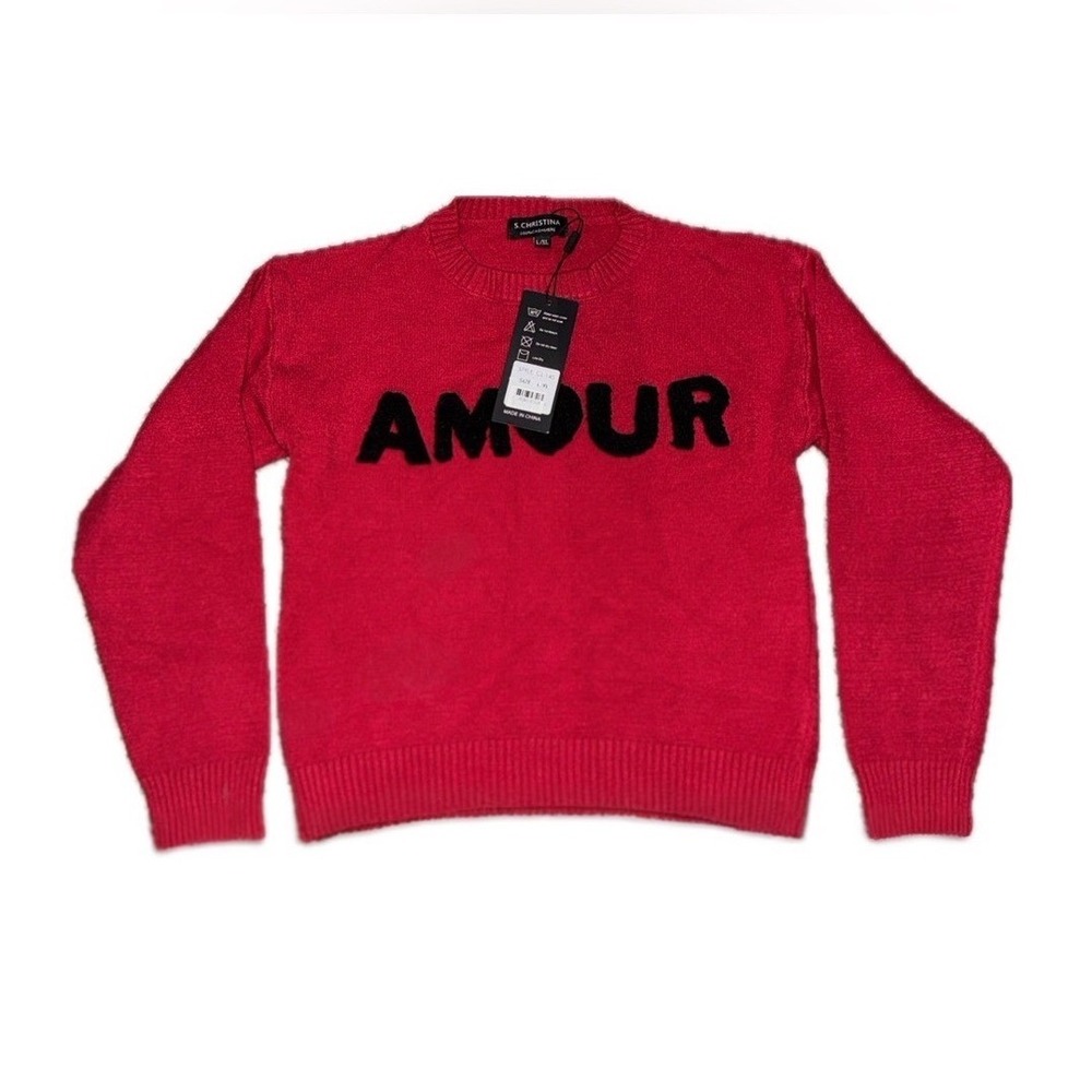 S. CHRISTINA *NWT* 100% Cashmere AMOUR Graphic Sweater Bouclé Knit | Sz L/XL
